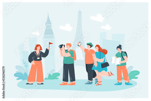 Group of tourists sightseeing and female tour guide holding flag. Happy cartoon people visiting cities on trip, person looking at map flat vector illustration. Traveling, vacation, tourism concept photo