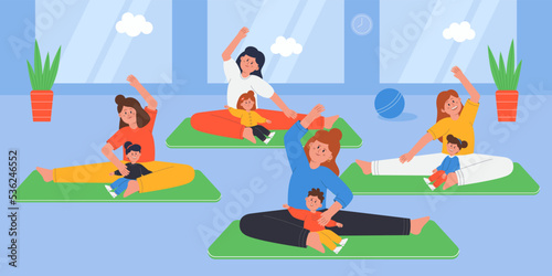 Yoga workout and pilates for moms and kids in gym. Group of active mothers with children doing healthy sport exercises, stretching, sitting on mats flat vector illustration. Family, wellness concept