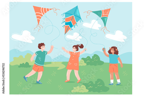 Boy and girls walking while holding strings of kites outside. Kids flying wind or air toys flat vector illustration. Childhood, leisure, outdoor activity concept for website design or landing web page
