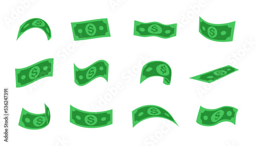 Pack of flying American cash dollars on white background. USD currency money rain cartoon vector illustration set. Bingo prize or jackpot win, banking, finance, investment concept