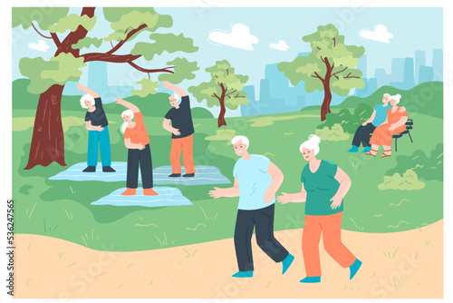 Active pensioners exercising in city park. Happy elderly men and women running, sitting on bench, doing exercises flat vector illustration. Healthy lifestyle, summer concept for banner, landing page