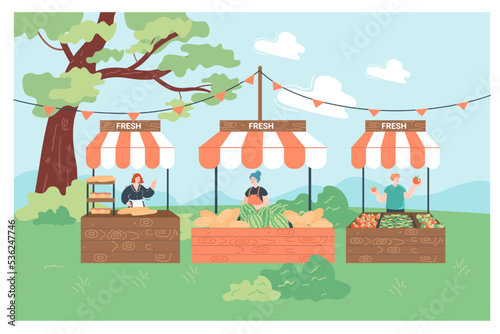 Local city market for fresh vegetables, fruits and pastries. Flat vector illustration. Street sellers of watermelons, bread, tomatoes, waiting for buyers. Healthy food, organic product, trade concept