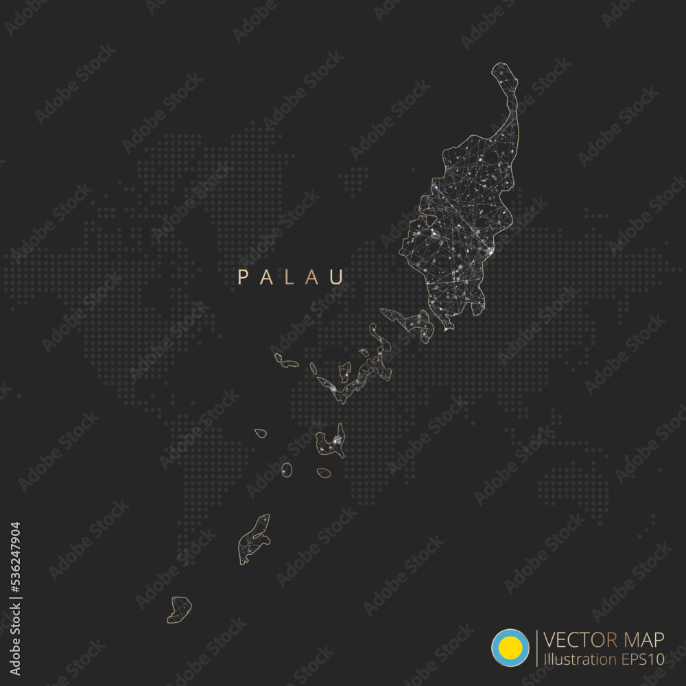 Palau map abstract geometric mesh polygonal light concept with black and white glowing contour lines countries and dots on dark background. Vector illustration