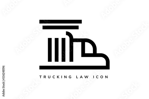 trucking law logo icon design template with black and white colors. line style with combination of truck and law pillar building. isolated on white background. 
