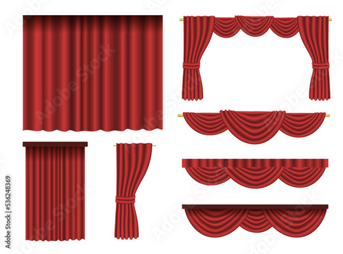 Curtains made of red fabric cartoon vector illustration set. Collection of luxury window curtains and stage, movie or opera draperies. Wedding cover decoration, theatrical borders on white background