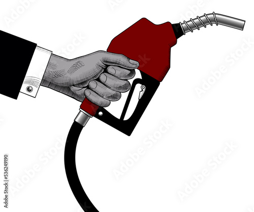 Hand with a fuel nozzle in vintage engraving stylized drawing style