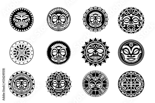Polynesian sun face maori tattoo style.  Pattern aboriginal samoan. Black and white texture, isolated vector.