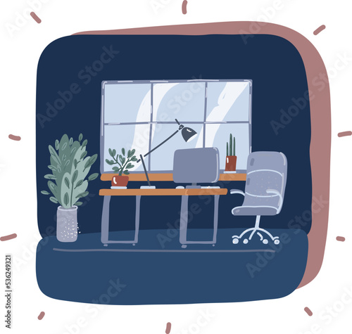 Cartoon vector illustration of Home office workplace. Coworking space, office interier.