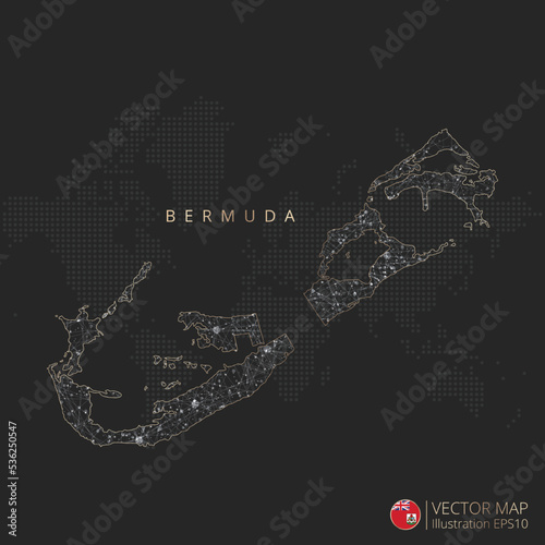 Bermuda map abstract geometric mesh polygonal light concept with black and white glowing contour lines countries and dots on dark background. Vector illustration
