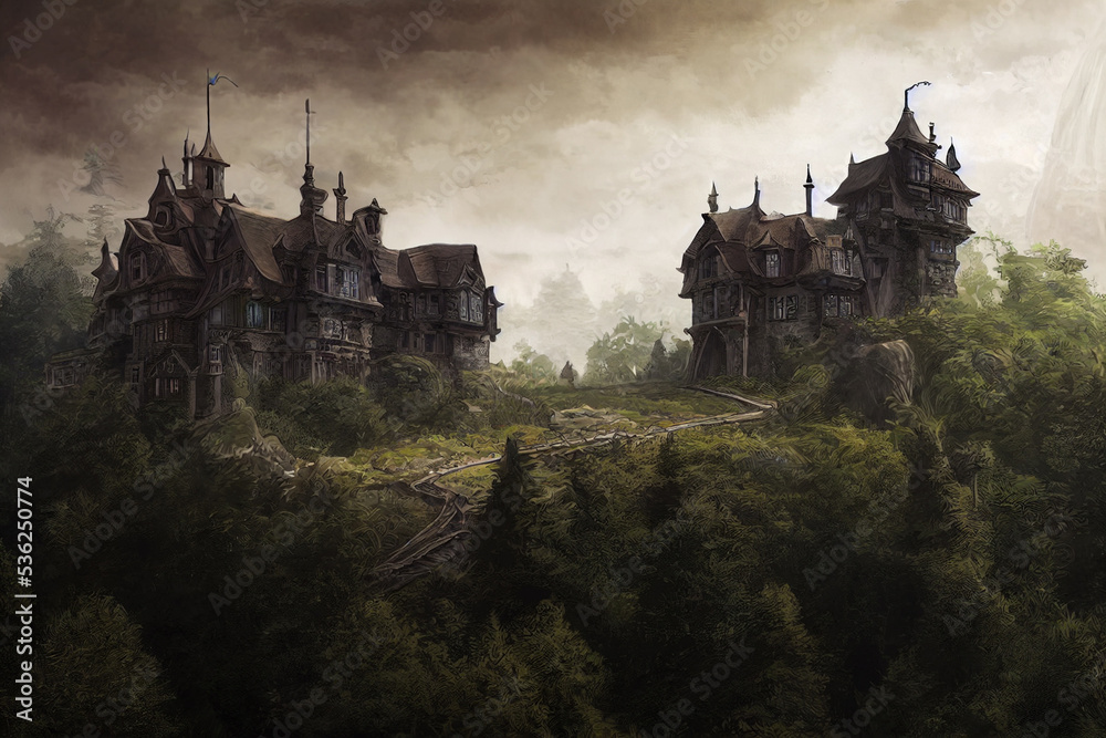 castle in a dark fantasy world digital art illustration