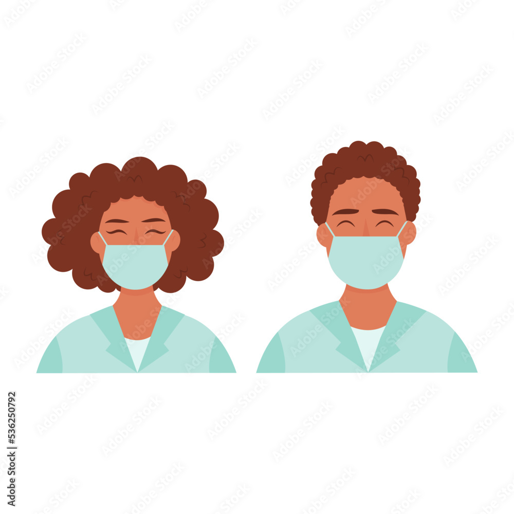Black skin doctors avatars in uniform. Flat style African male and female. Vector illustration isolated on white background Black skin doctors avatars in uniform. Flat style African male and female. Vector illustration isolated on white background