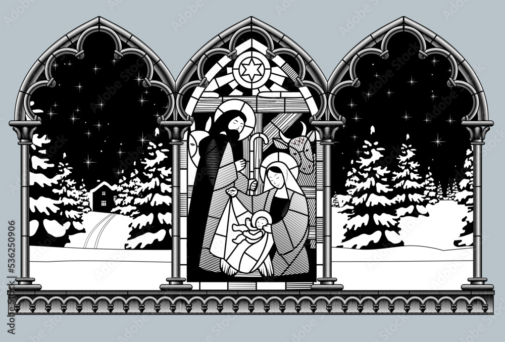 Engraved vintage drawing of gothic frame with a Stained glass window of the scene of the birth of Jesus Christ and night winter forest