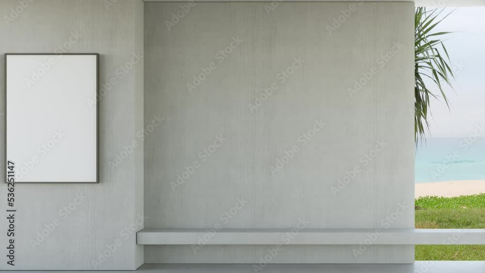 Empty white blank picture frame and bench on concrete wall of bright living room in modern beach house or luxury hotel. Minimal home interior 3d rendering with sea view.