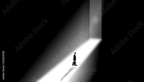 Wide angle shot of a man walking down the street, minimalistic shot, a man walking in his imaginary world, artistic designs on the wall, high-quality image. Black and white image.;