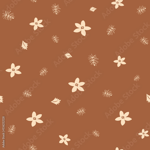 Boho floral Christmas pattern. Christmas flowers poinsettia  fir branch seamless pattern. Scandinavian Christmas flower background. Vector illustration. Winter holiday wrapping paper  fabric  print.