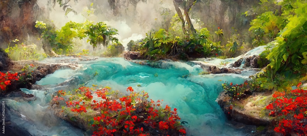 Dreamy tropical island paradise with colorful exotic flowers, palm trees and jungle vegetation. Turquoise blue lagoon with small waterfalls and summer rain clouds in background.  - obrazy, fototapety, plakaty 