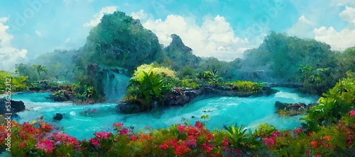 Dreamy tropical island paradise with colorful exotic flowers, palm trees and jungle vegetation. Turquoise blue lagoon and summer rain clouds in background.  © SoulMyst