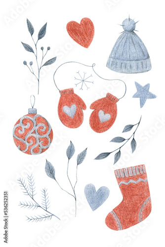New Year, Christmas clip art set isolated on transparent background. Hand drawn winter poster print. Color pencils xmas illustrations in Scandinavian style.