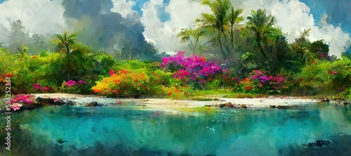 Dreamy tropical island paradise with colorful exotic flowers, palm trees and jungle vegetation. Turquoise blue lagoon and summer rain clouds in background. 