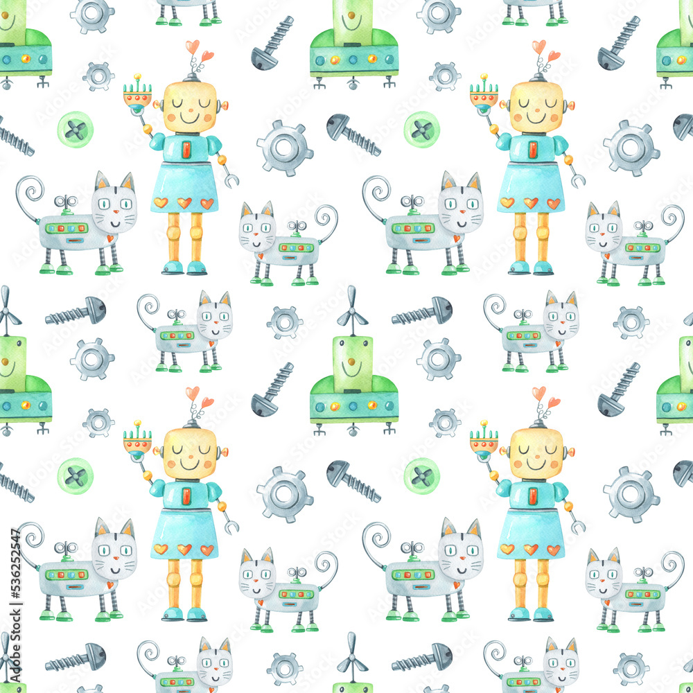 Watercolor funny robot girl and cats on white background. Cute watercolour cartoon Watercolor funny robot girl and cats on white background. Cute watercolour cartoon