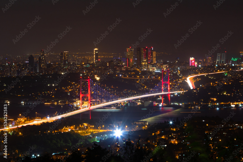 Istanbul night view. Bosphorus Bridge and skyline of Istanbul