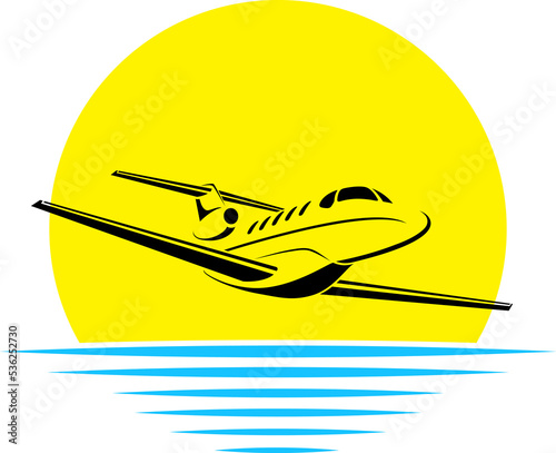 Plane Logo Design. Travel agency design template element. Sun and Ocean Logo. Sea and Sunset icon. PNG illustration
