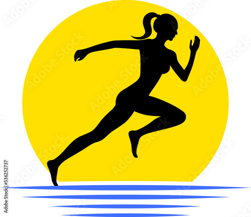 Running Woman and Sun Logo. Run, sunset and ocean. Sport and competition concept. PNG illustration
