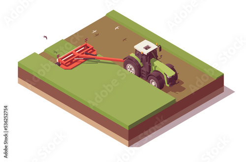 Isometric tractor composition. Isolated low poly green tractor with red trailed mower mowing field. Vector illustrator