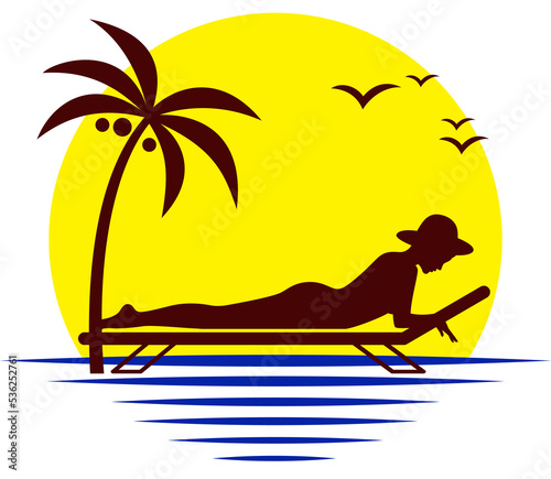 Woman, Sun, Ocean, Beach and Palm Logo. Girl sunbathing at sunset. Summer Beach design. PNG illustration