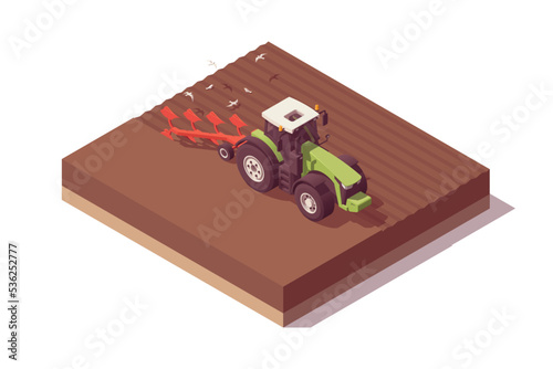 Isometric tractor composition. Isolated low poly green tractor with red plow plowing field. Vector illustrator