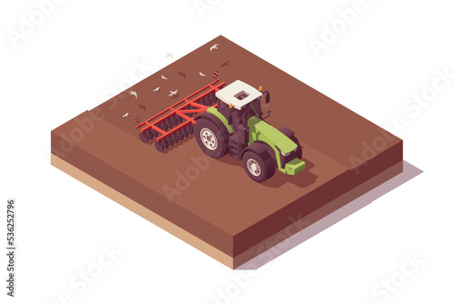 Isometric tractor composition. Isolated low poly green tractor with red cultivator cultivating field. Vector illustrator