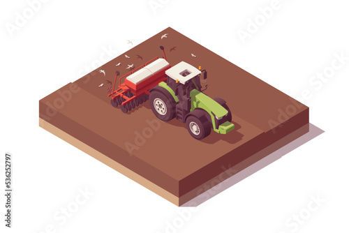 Isometric tractor composition. Isolated low poly green tractor with red seeder seeding on field. Vector illustrator