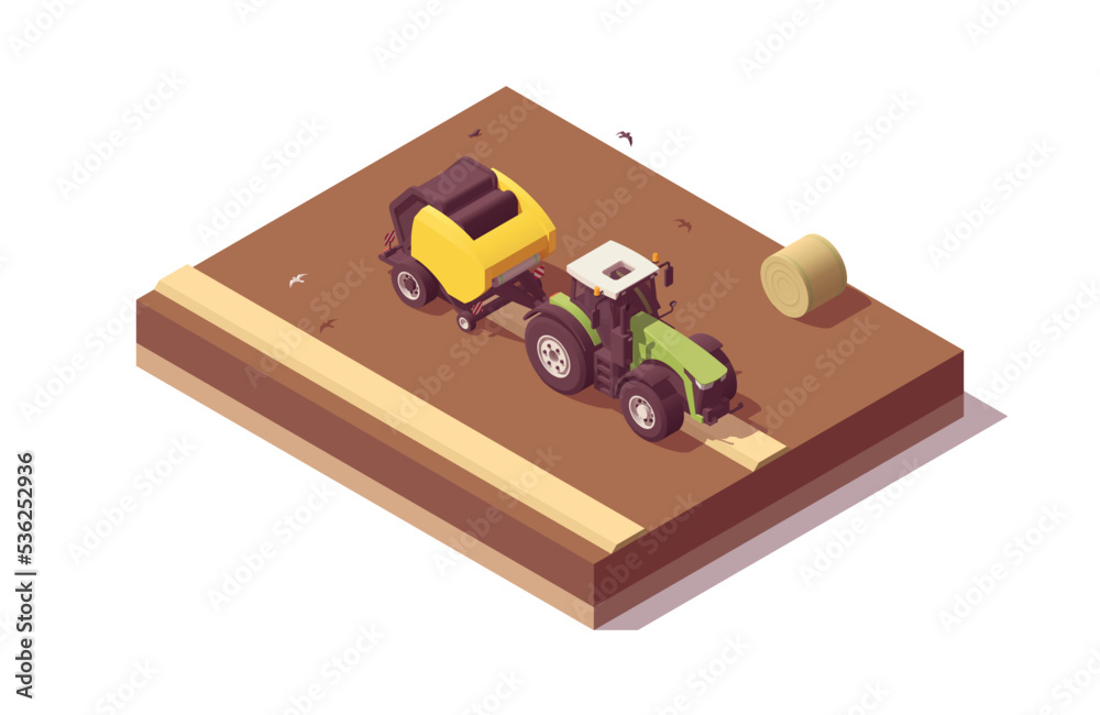 Isometric tractor composition. Isolated low poly green tractor with yellow round baler baling straw. Vector illustrator Isometric tractor composition. Isolated low poly green tractor with yellow round baler baling straw. Vector illustrator