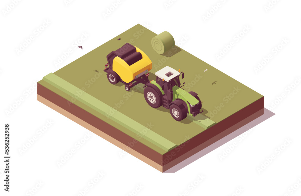 Obraz premium Isometric tractor composition. Isolated low poly green tractor with yellow round baler baling hay. Vector illustrator