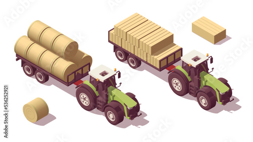 Set of isometric low poly tractors with hay and straw bale. Vector illustrator