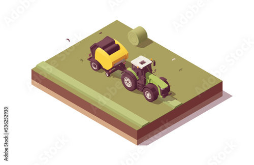 Isometric tractor composition. Isolated low poly green tractor with yellow round baler baling hay. Vector illustrator