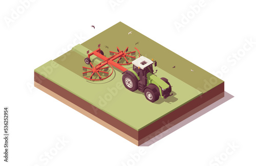 Isometric tractor composition. Isolated low poly green tractor with red rotary rake windrowing hay. Vector illustrator photo