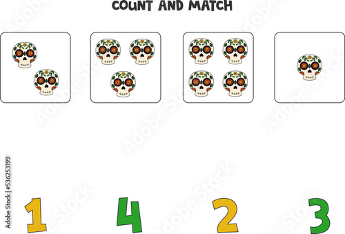 Counting game for kids. Count all skulls and match with numbers. Worksheet for children.