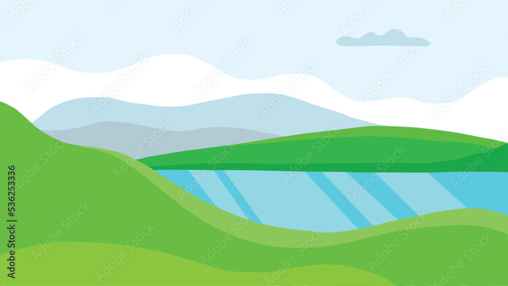 Abstract vector landscape. Blue and green background. mountain view in flat style.