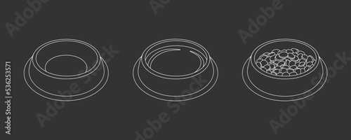 Bowl of food for feed dog and cat pet in doodle style, vector illustration. Animal bowl icon, food and water dish. Set of isolated elements on chalk board background for print and design