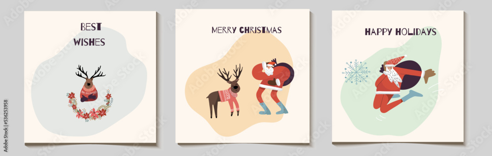 Christmas vector gift card or tag set, Santa bouncing, sporty, deer in sweater, poinsettia flowers semicircular wreath, with merry christmas, best wishes lettering.