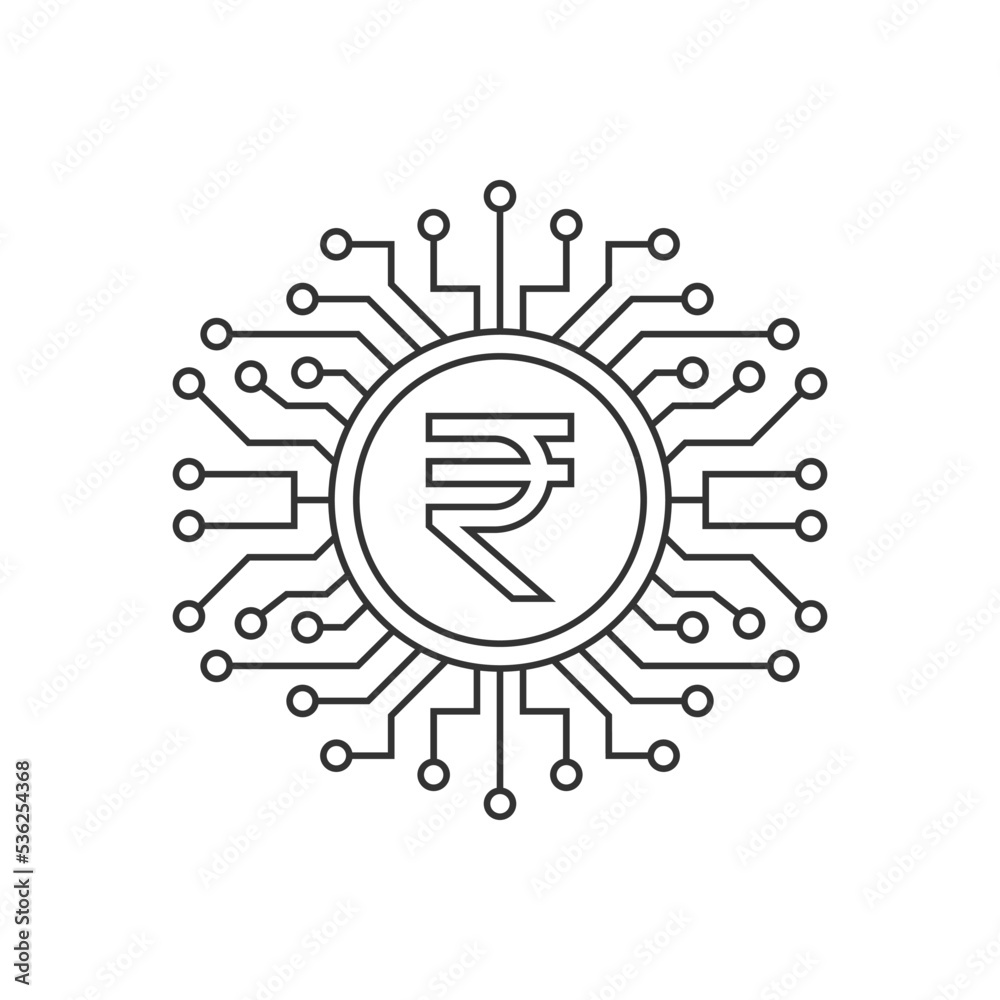 Rupee digital money. Financial technology icon concept line style isolated on white background. Vector illustration Rupee digital money. Financial technology icon concept line style isolated on white background. Vector illustration