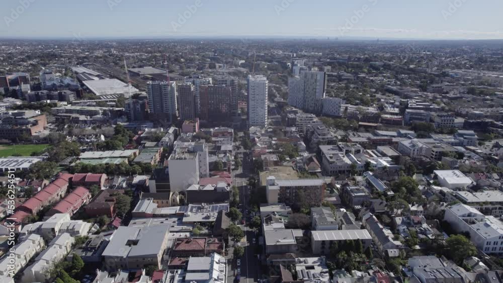 Daytime Scene Of Buildings And Traffic In Redfern, Near Sydney, NSW, Australia. aerial pullback Daytime Scene Of Buildings And Traffic In Redfern, Near Sydney, NSW, Australia. aerial pullback