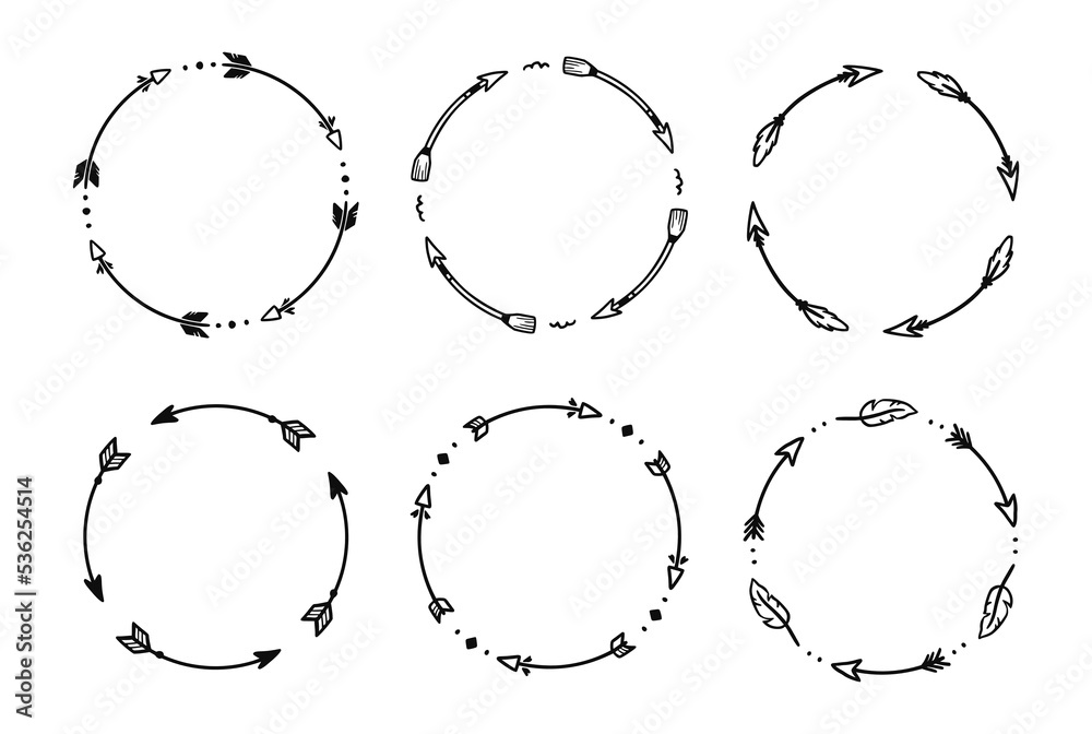 Arrow circle american pattern frame set. Hand drawn doodle boho, rustic arrow border, ornament circle frame. Tribal boho decor design. Vector illustration. Arrow circle american pattern frame set. Hand drawn doodle boho, rustic arrow border, ornament circle frame. Tribal boho decor design. Vector illustration.