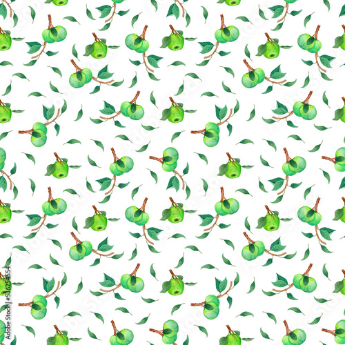 seamless pattern with green apples on branch