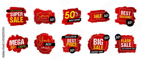 Set of grunge tag sticker badge Ribbon banner in a flat design. For sale, promotion, advertising