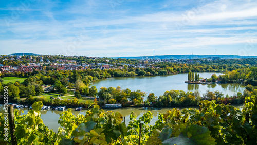 Obraz na płótnie Germany, Stuttgart panorama view max eyth see lake water neckar river boats and beautiful houses in autumn, view above trees and nature landscape w salonie