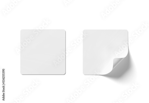 Sticker mockup with curled corner isolated on white background. Squared adhesive label with bent side. 3D rendering