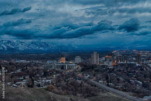 Downtown of Salt Lake City on distance in blue hour