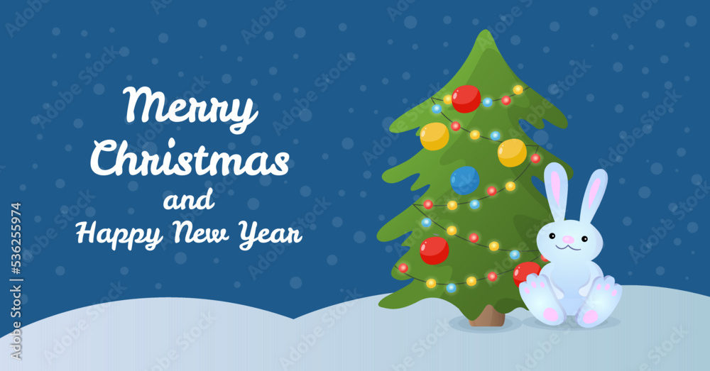 Greetings card with a cartoon rabbit sitting near the Christmas tree. Cute Christmas seasonal illustration in flat cartoon style.
